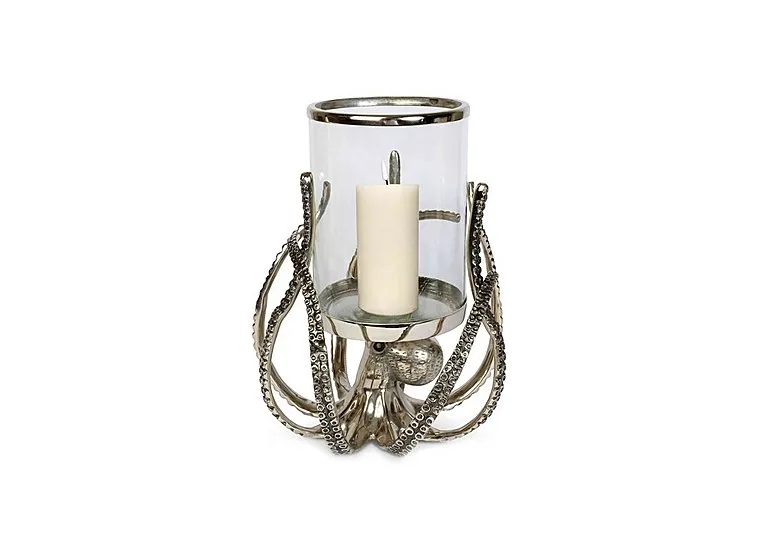 Octopus Hurricane Lantern with LED Candle - Nickel