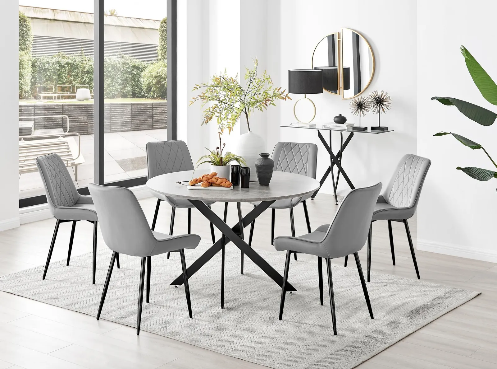 FurnitureboxUK Novara Grey Concrete Effect Black Leg 120cm Round Dining Table & 6 Pesaro Black Leg Chairs 1