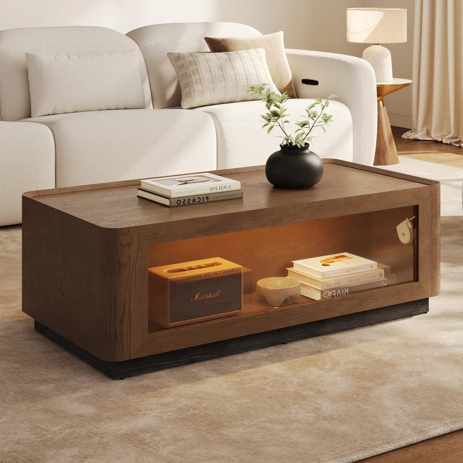 47" Glass Door Walnut Coffee Table with Storage and LED