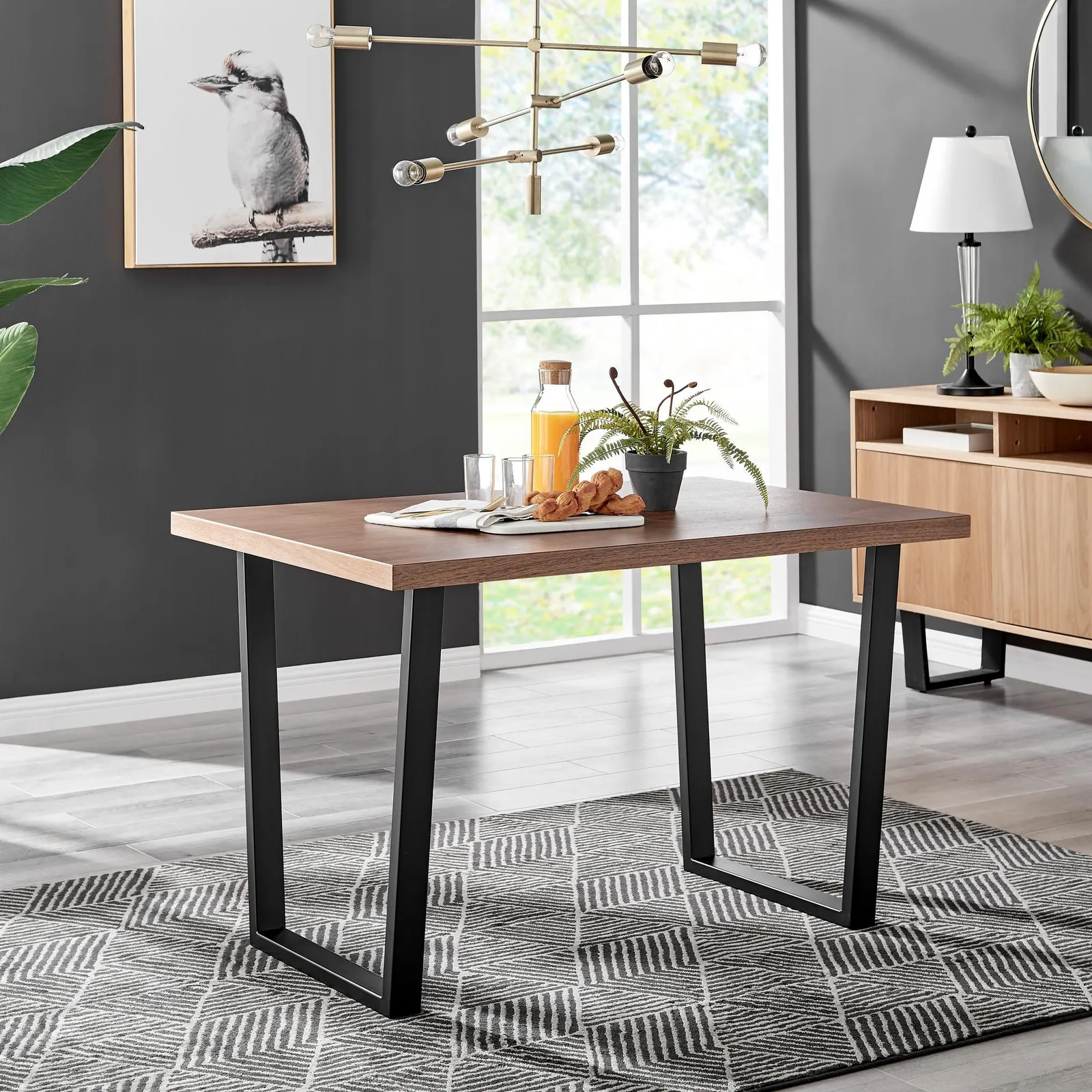 FurnitureboxUK Kylo Brown Wood Effect Dining Table With Black 'U' Legs & 4 Milan Velvet Chairs in Green 2