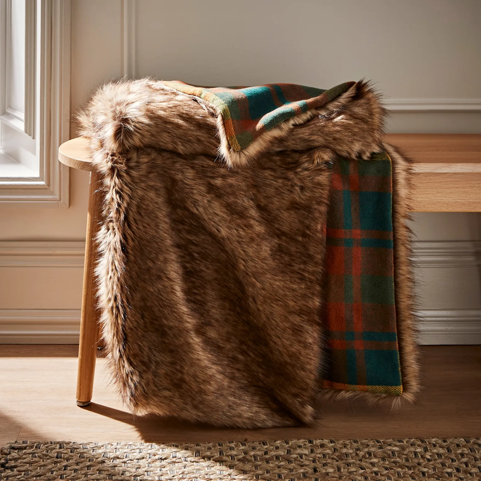 Alpine Check Faux Fur Throw Brown