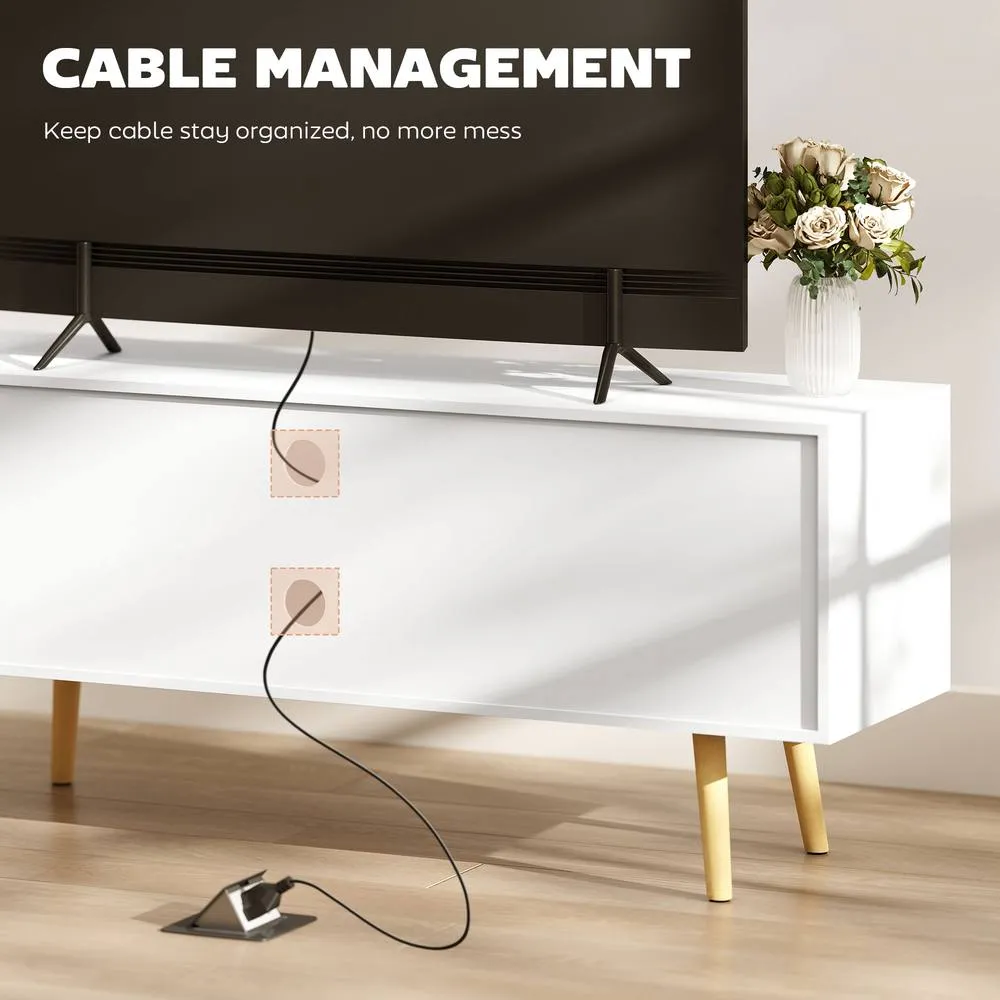 HOMCOM TV Stand Cabinet with Cable Management & Wood Legs Living Room in White 5