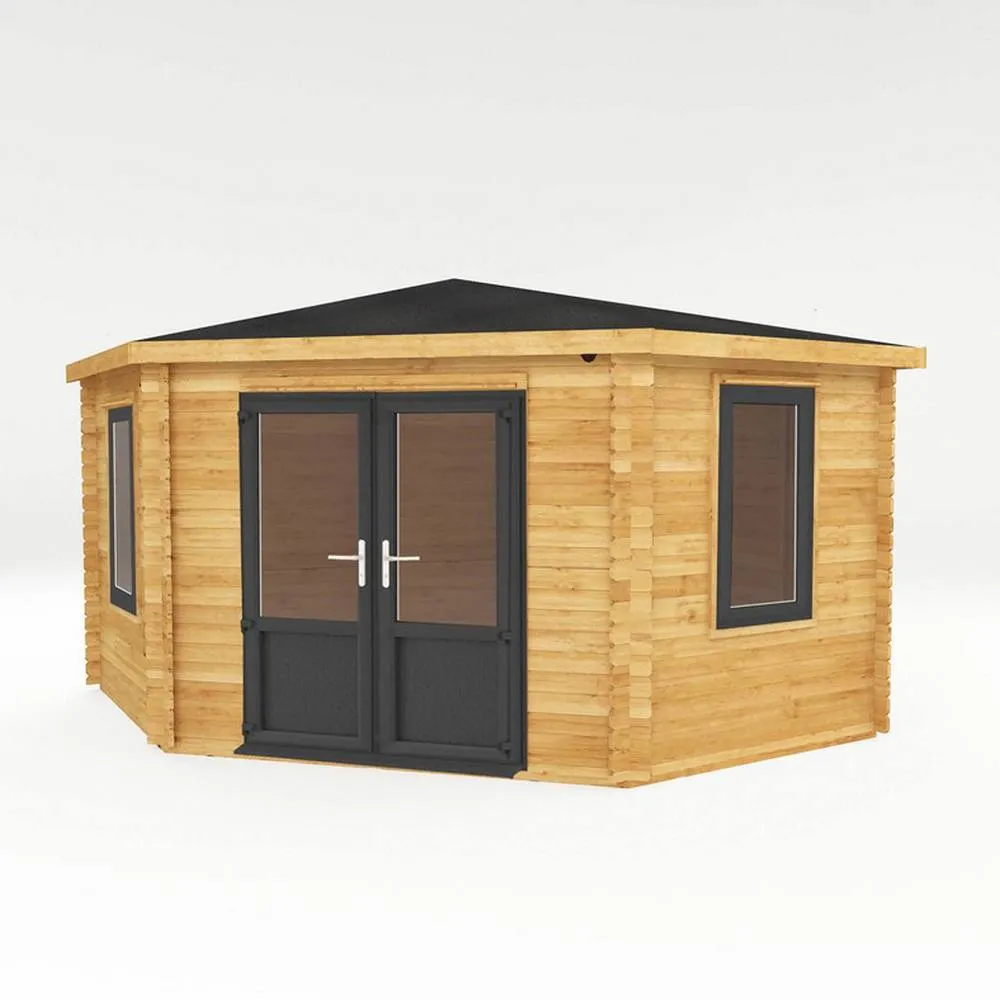 Mercia 44 mm Corner Cabin with UPVC Windows & Doors - L415 x W409 x H287 cm in Brown