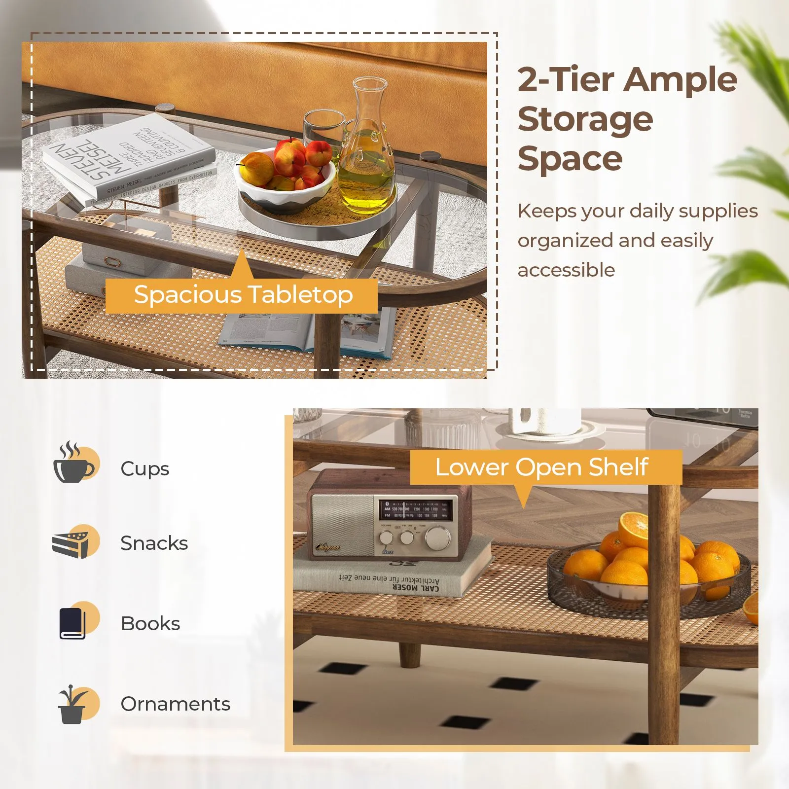 Costway 2-Tier Coffee Table Rattan Center Cocktail Tea Table Tempered Glass Tabletop in Brown 4