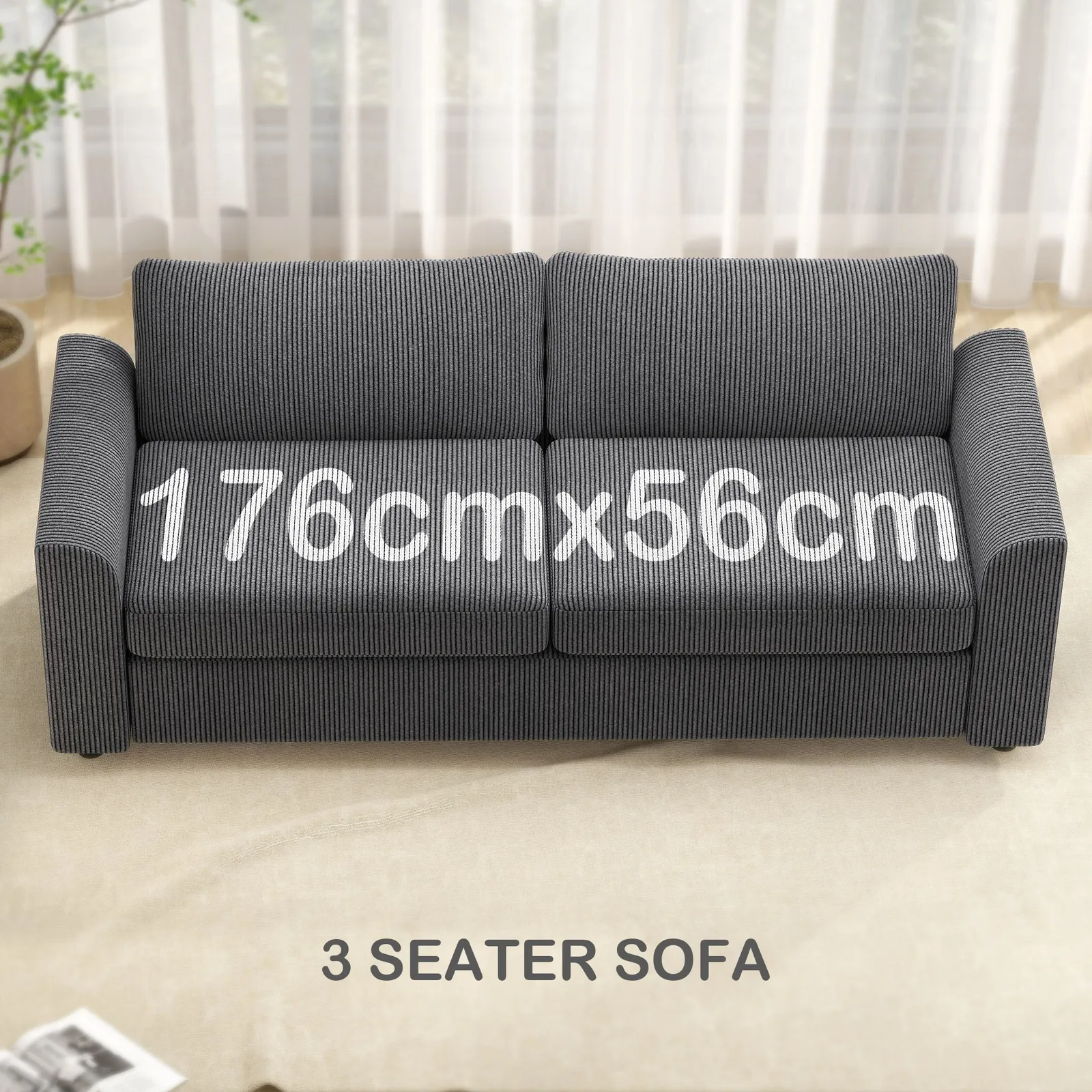 HOMCOM 212 cm Upholstered Jumbo Cord Sofa Couch with Spring Cushion, Grey 4