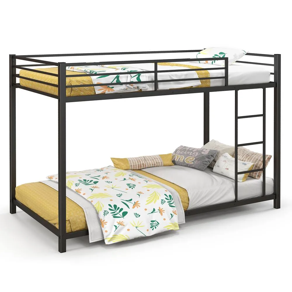 Costway Single Metal Bunk Bed Floor Bed Frame w/Ladder &Full-length Guardrails in Black 3