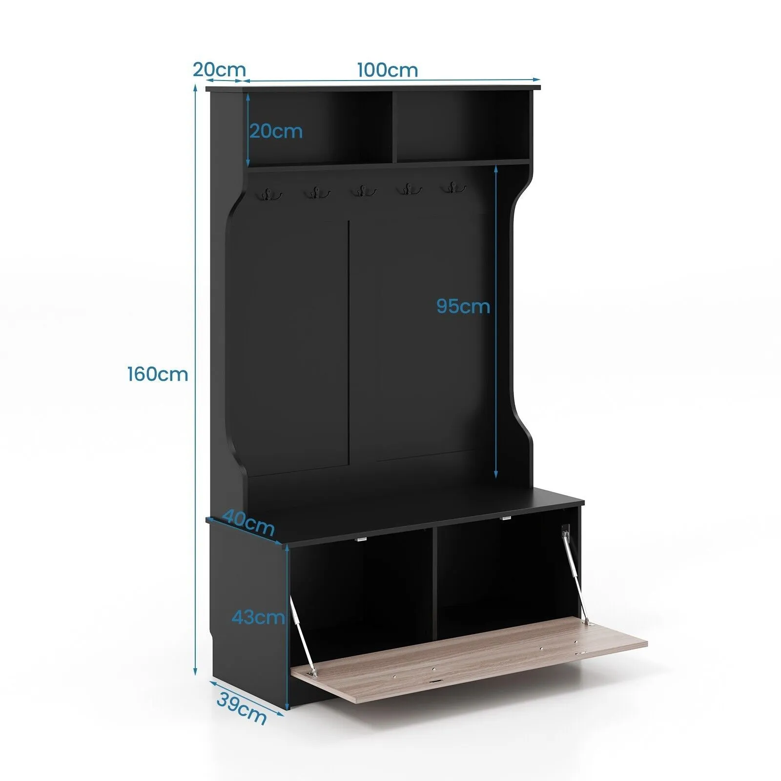 Costway 3-in-1 Freestanding Hall Coat Rack Stand Shoe Bench with 5 Hooks & Cabinet in Black 2