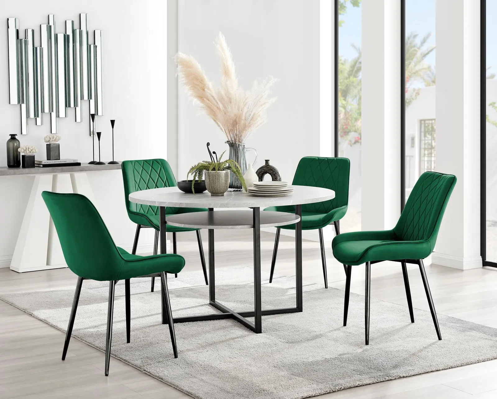 FurnitureboxUK Adley Grey Concrete Effect & Black Round Dining Table with Shelf & 4 Velvet Pesaro Dining Chairs in Green 1