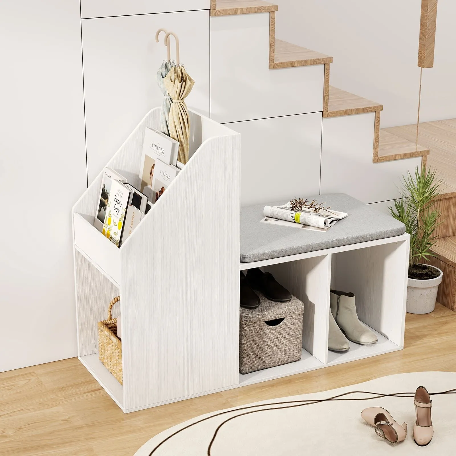 Costway Shoe Storage Bench Entryway Bench 3-Tier Rack w/ Cushion in White 6