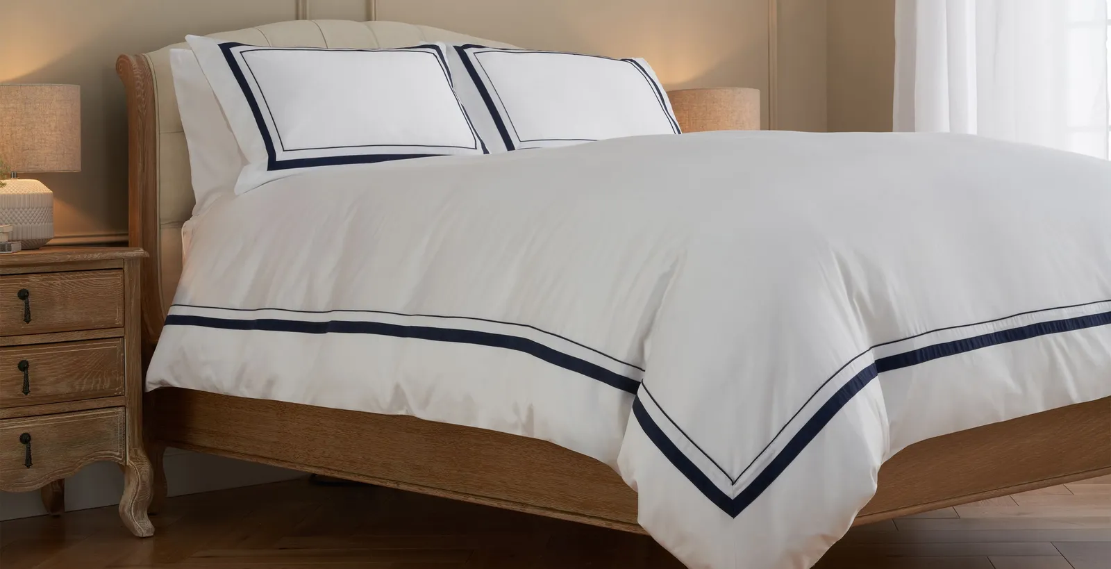 Cotton Collection Sateen Double Row Duvet Cover, Double - Navy