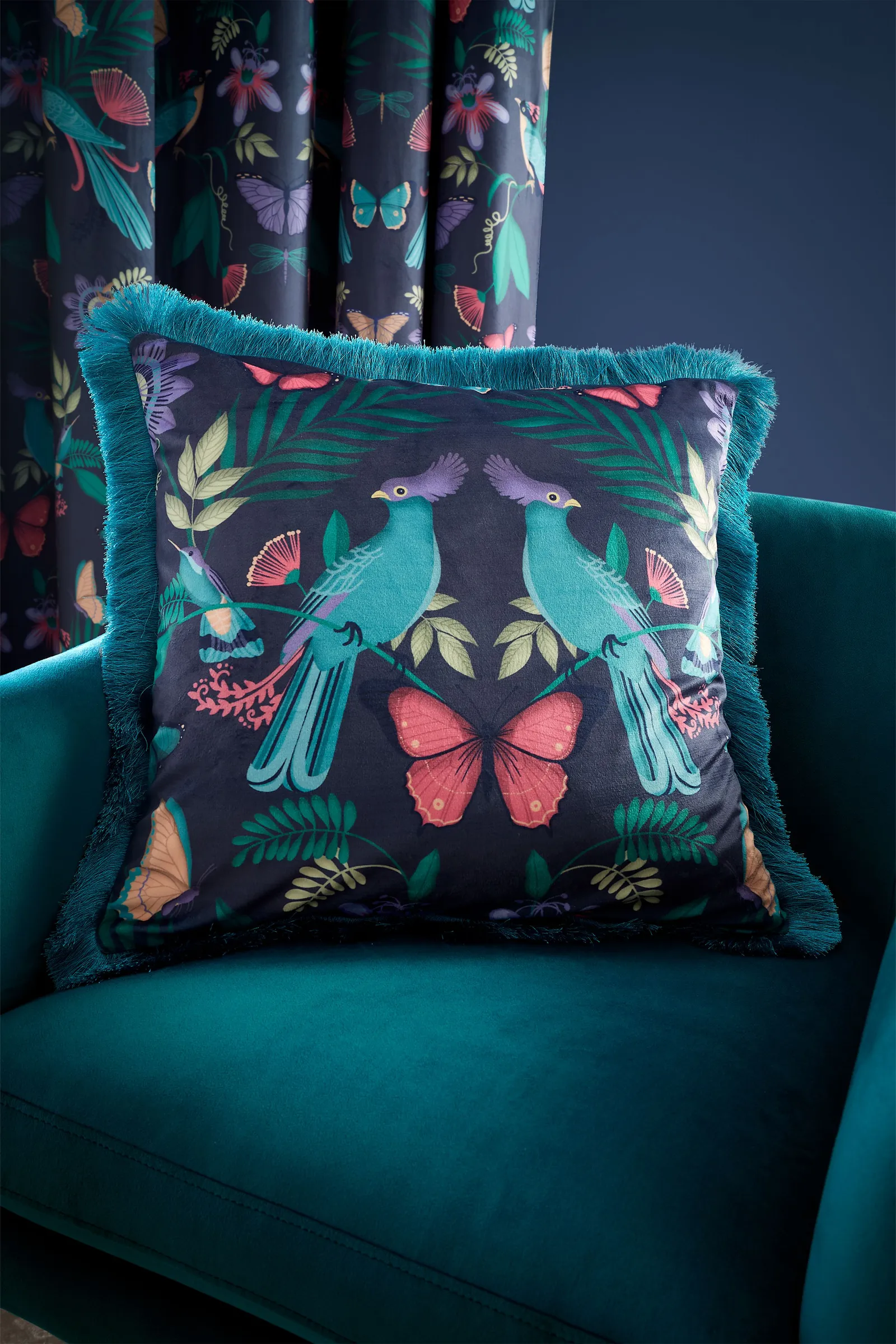 Catherine Lansfield 'Mya Tropical Birds' Cushion in Navy