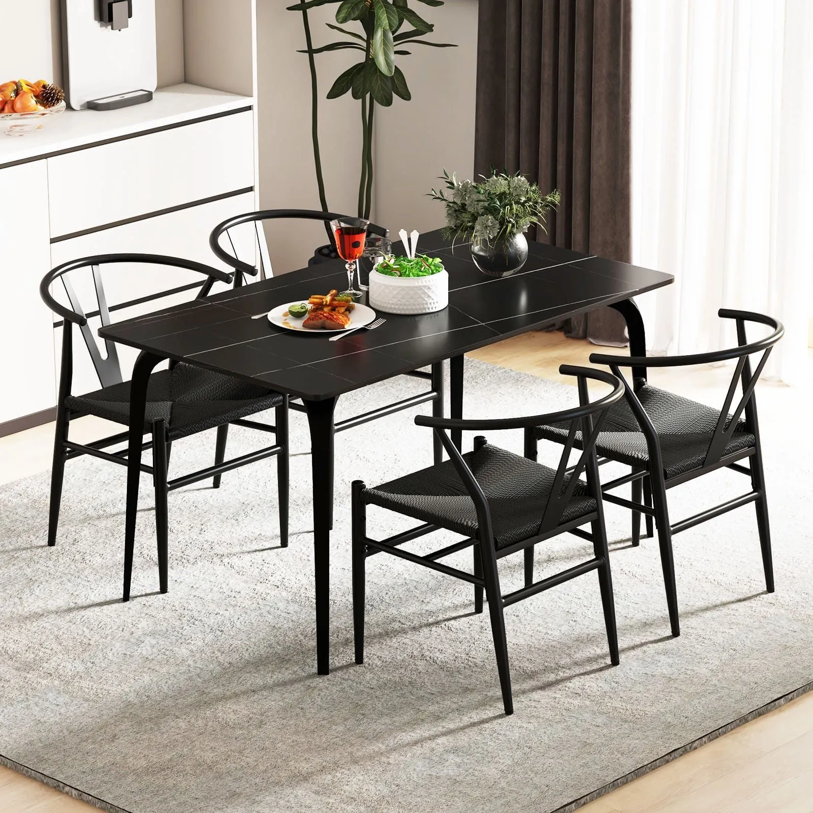 Costway Wishbone Dining Chair Set of 2 Modern Weave Armchairs in Black 4