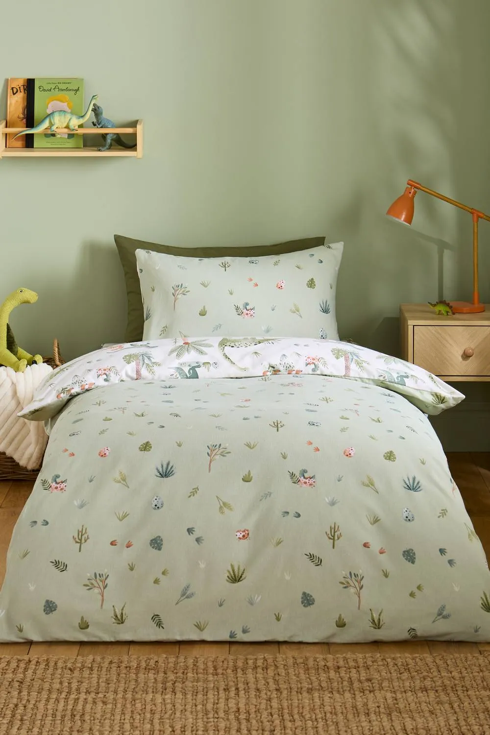 Catherine Lansfield 'Brushed Sleepy Saurus Dino' Cotton Reversible Duvet Cover Set in Cream 2