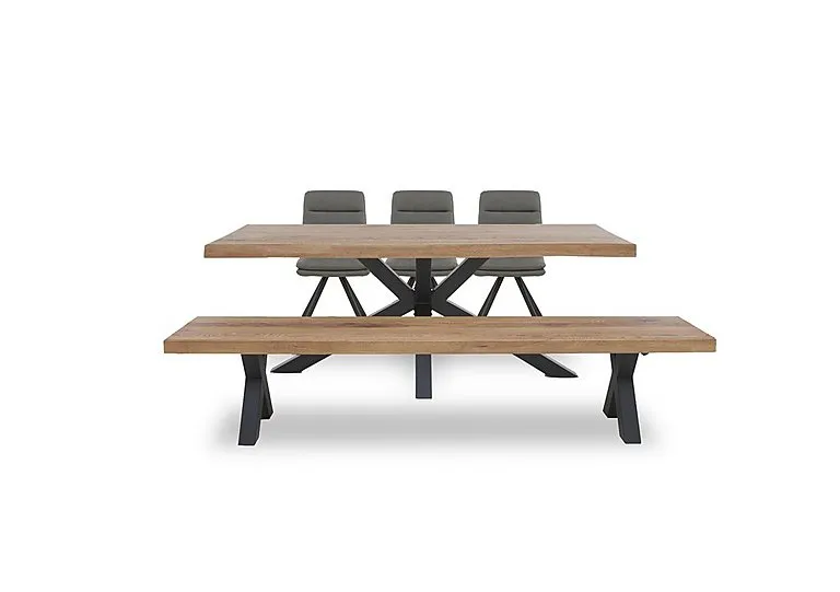 Njord Raw Edge Dining Table with Metal Star Base, Bench and 3 Grey Faux Leather Swivel Chairs - 220-cm - Old Bassano