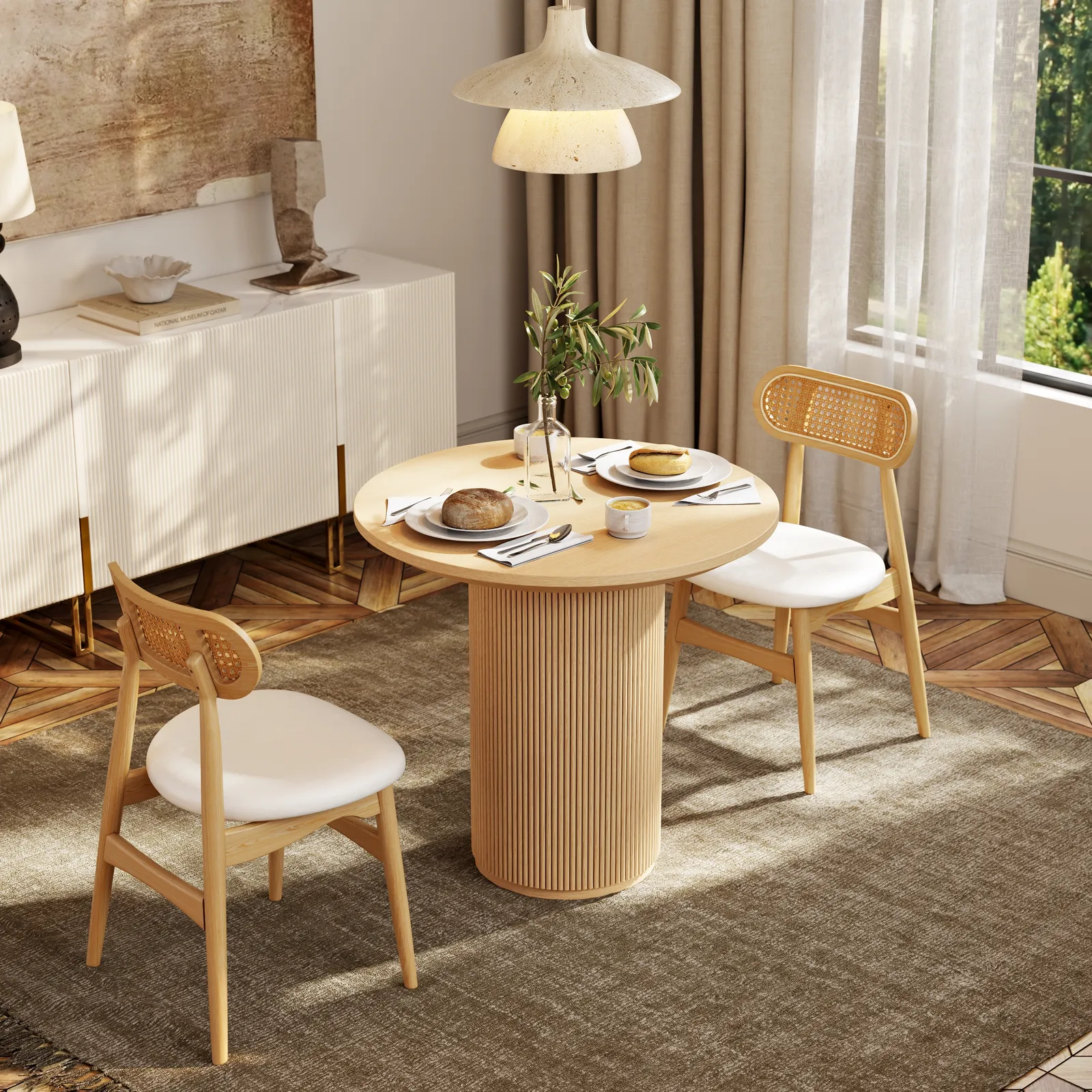 Round Small Dining Table Natural Wood Tabletop for 2 Person Japandi