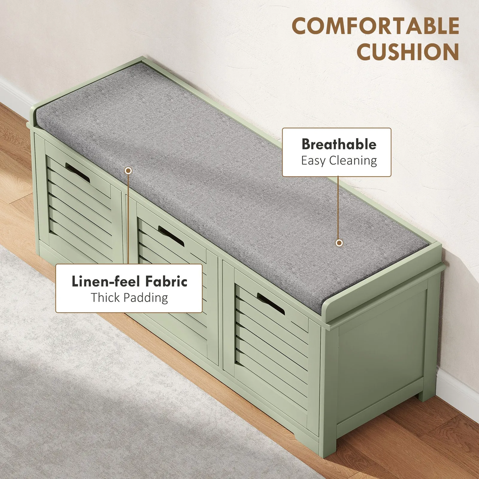 HOMCOM 3-Door Shoe Storage Bench Cushion Seat Slatted Doors in Green 5