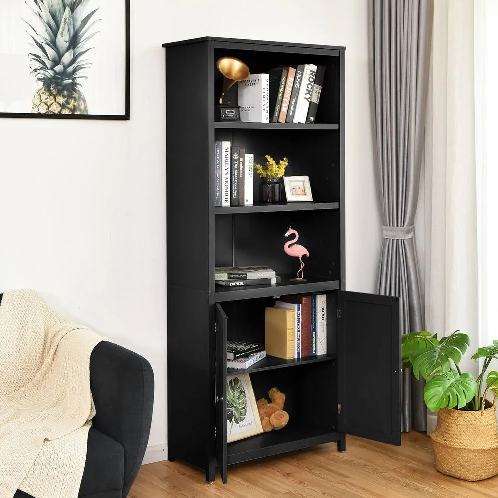 Costway Wooden Tall Bookcase 3-Tier Shelving Storage Cabinet 2 Doors Display Organizer in Black 3