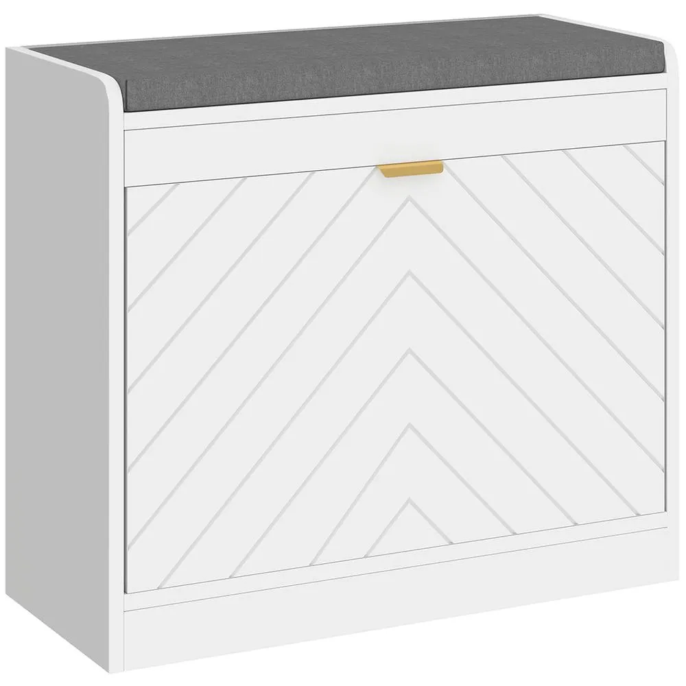 HOMCOM Shoe Bench with 1 Flip Drawer, Cushion, 5 Pairs for Entryway White 2