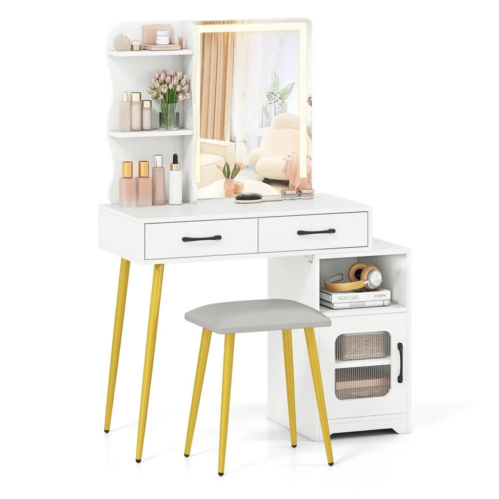 Costway Modern Vanity Set w/ Drawer & Lights Makeup Dressing Table w/ Stool in White