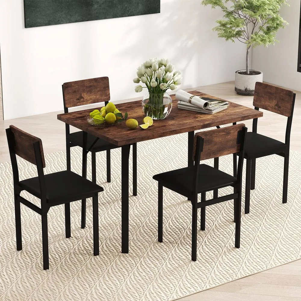 Costway 5PCS Dining Table Set Industrial Kitchen Table & 4 Upholstered Chairs in Brown 5