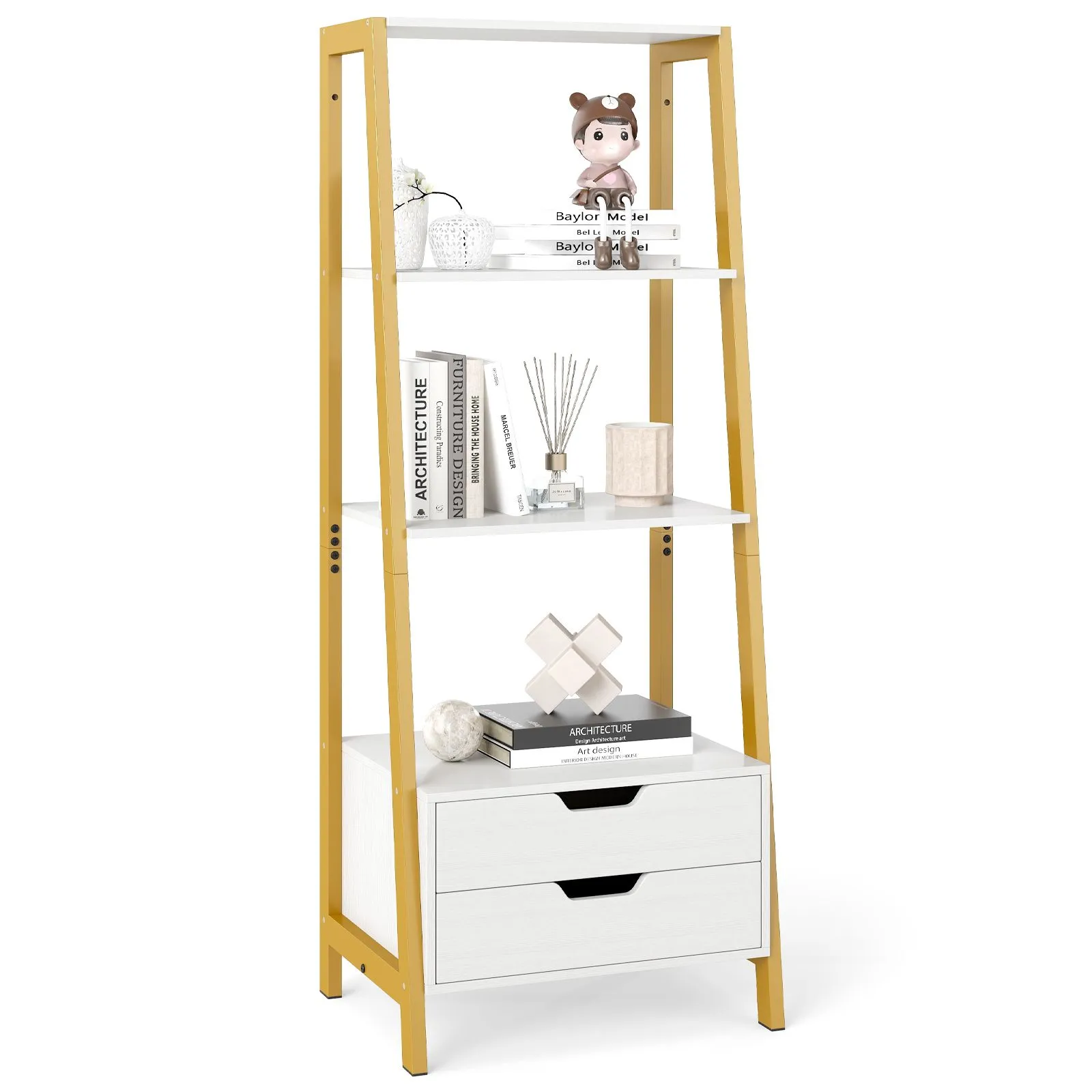 Costway Ladder Bookshelf Tall Freestanding Display Rack with Storage-White in White 1