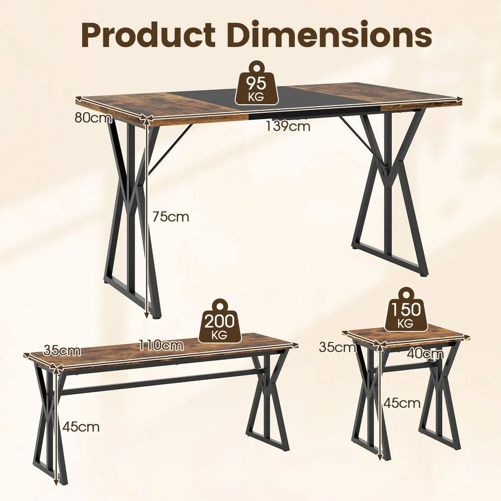 Costway 5PCS Dining Room Set Industrial Kitchen Table w/2 Benches & 2 Stools in Brown 2