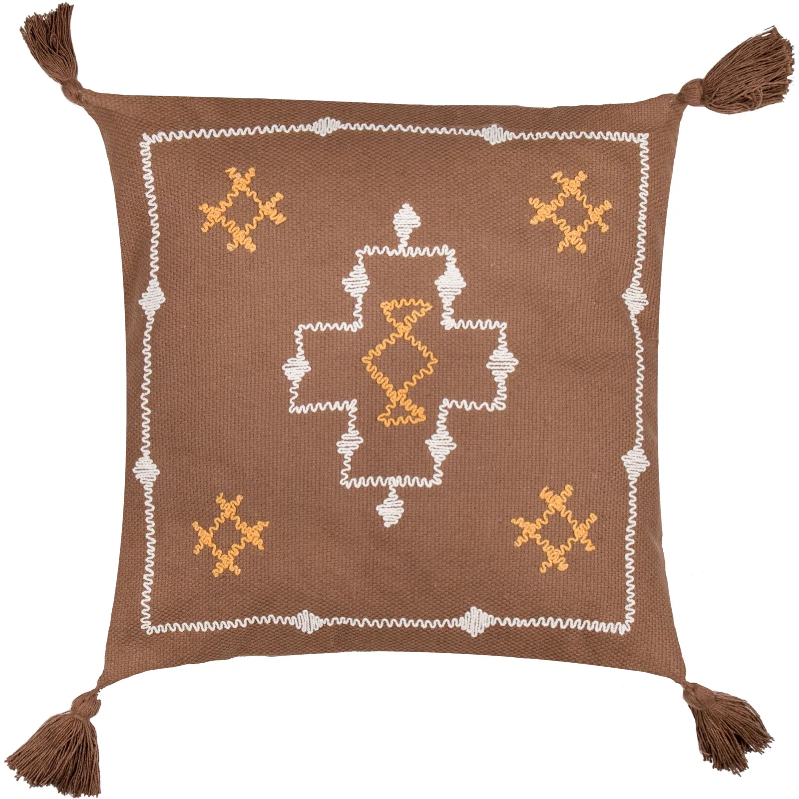 Yard Durdle 100% Cotton Embroidered Tasselled Cushion in Brown 2