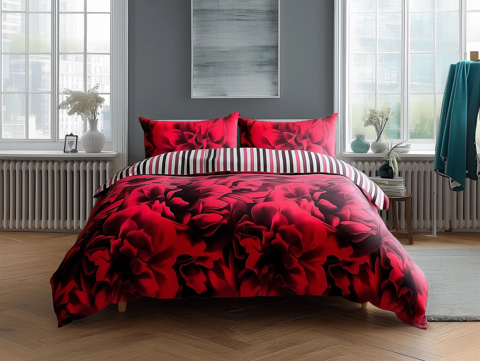 Snug City Duvet Cover & Pillowcase Set Reversible Rose & Stripe Design Polycotton Bed Linen in Red