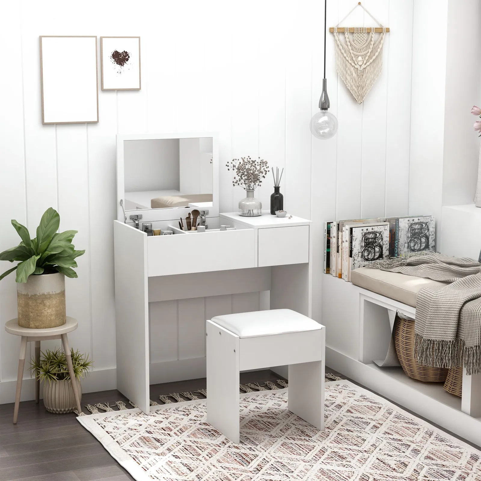 HOMCOM Dressing Table Set Cushioned Stool Flip-up Mirror Drawer Chipboard in White