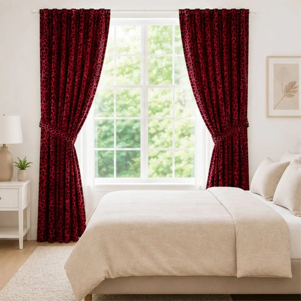 Smart Living Luxury Elegant Polycotton Lepord Print Curtains in Red 2