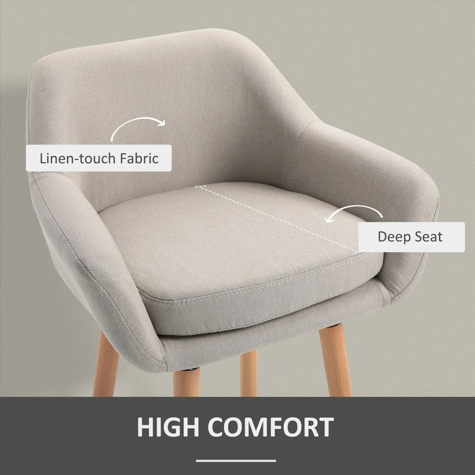 HOMCOM PCs Modern Upholstered Fabric Bucket Seat Bar Stools w/ Solid Wood Legs in Beige 6
