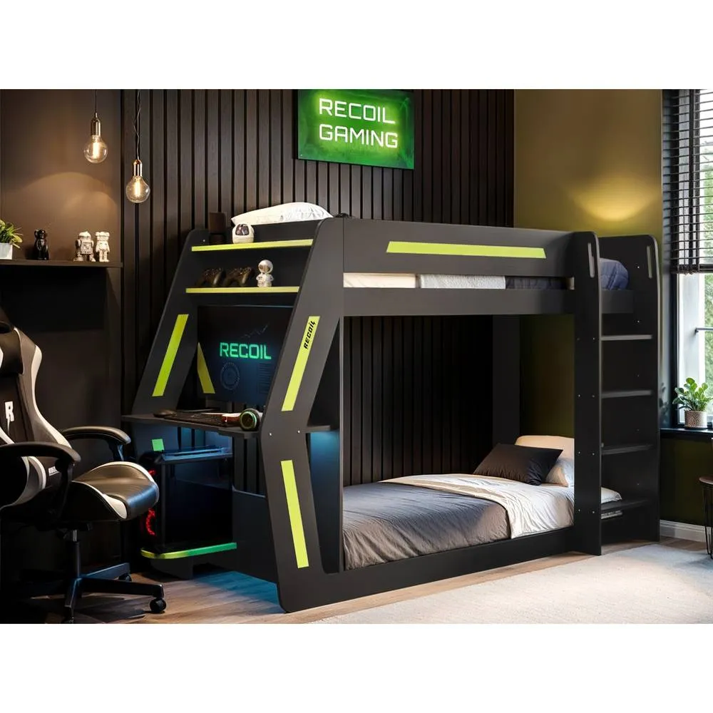 Flair Alister Gaming Bunk Bed with Desk Charcoal & Green