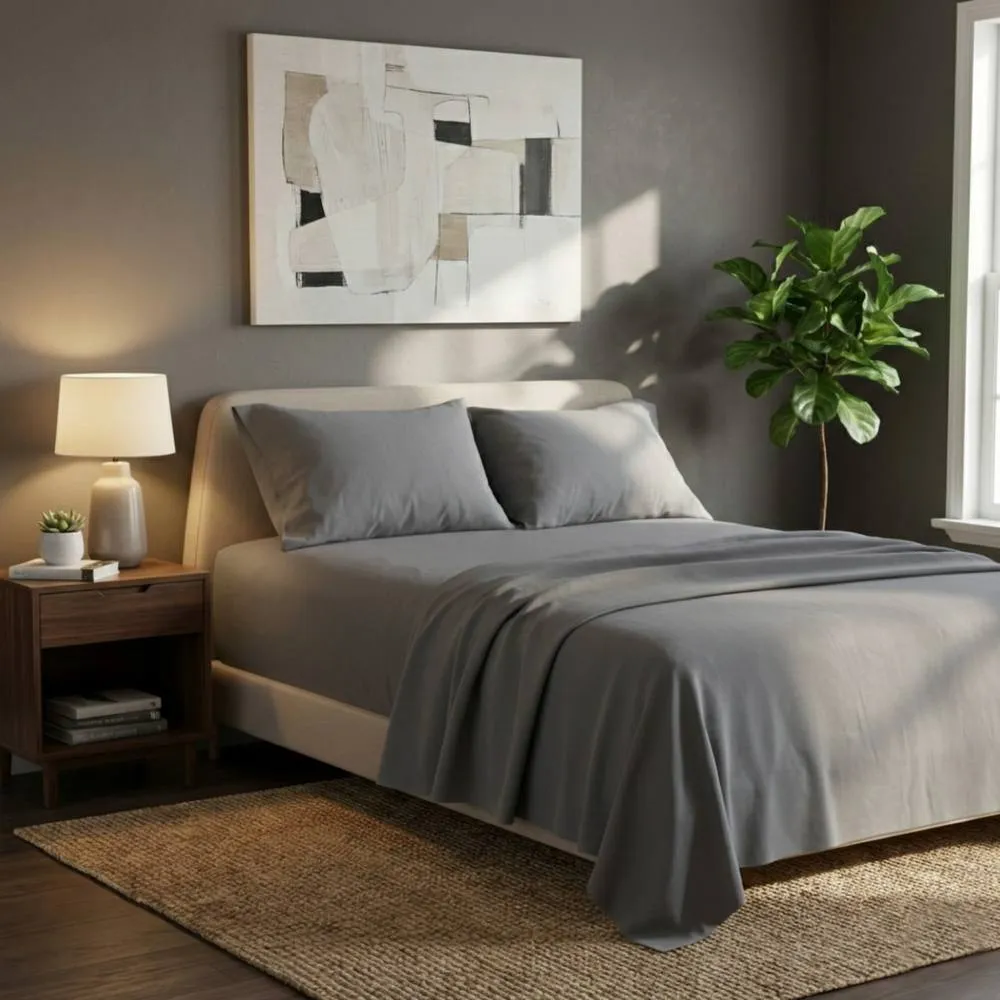 Snug City Soft Plain Brushed Cotton Fitted Flat Sheet Matching Pillowcases Set in Grey