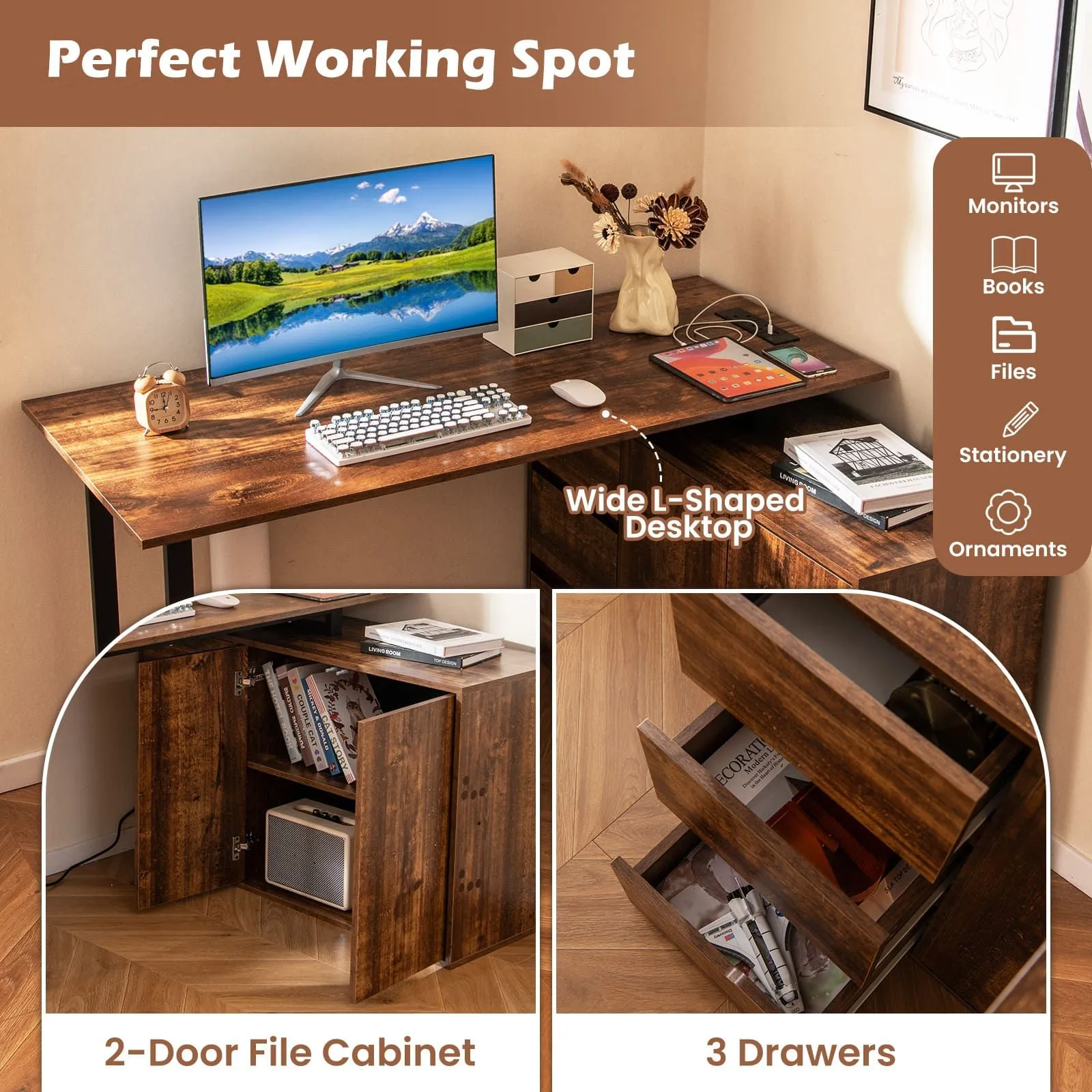 Costway L-Shaped Computer Desk Reversible Corner Laptop Desk Workstation in Brown 4