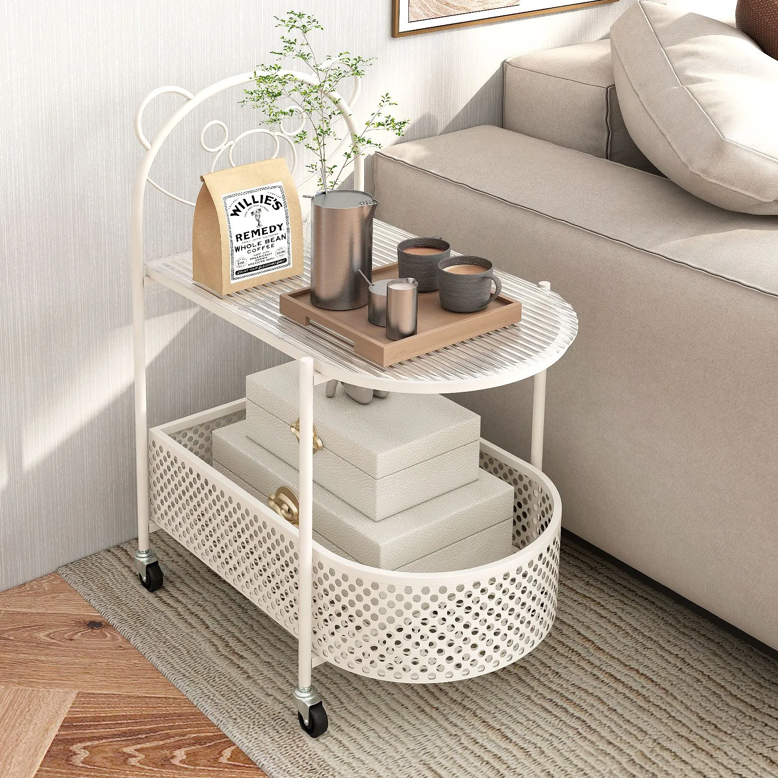 Costway Mobile Glass Coffee Table 2-Tier Modern Cocktail Table-White in White 5