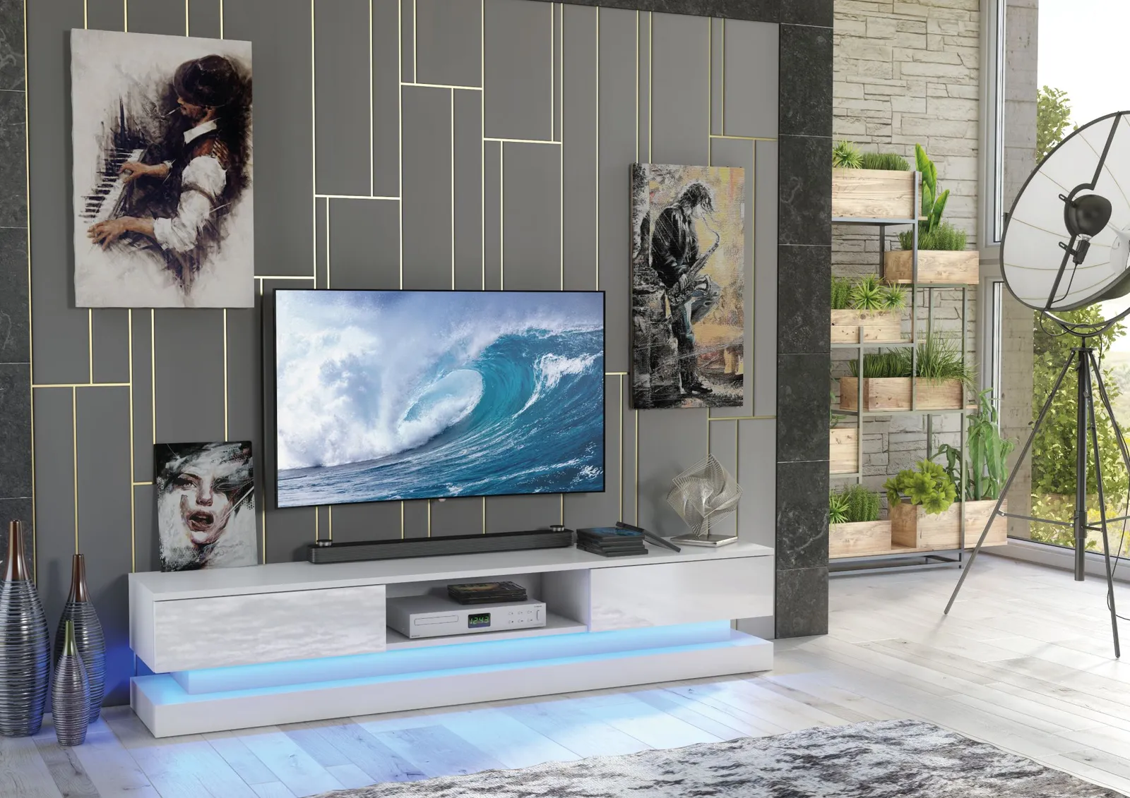 Creative Furniture Bloom TV Unit 180cm - A Functional & Contemporary Cabinet with Gloss Doors & LED Lights in White 2