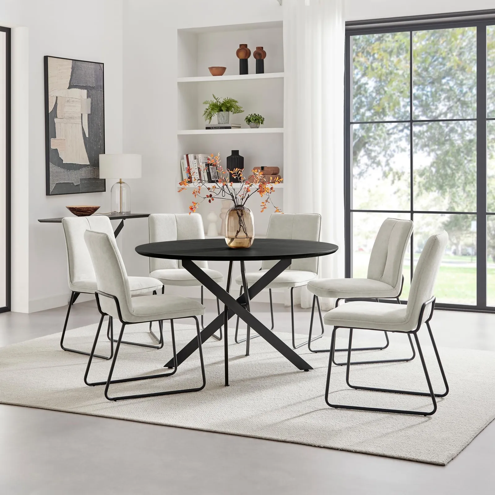 FurnitureboxUK Novara Black Top Dining Table & 6 Halley Fabric Chairs in Cream 1