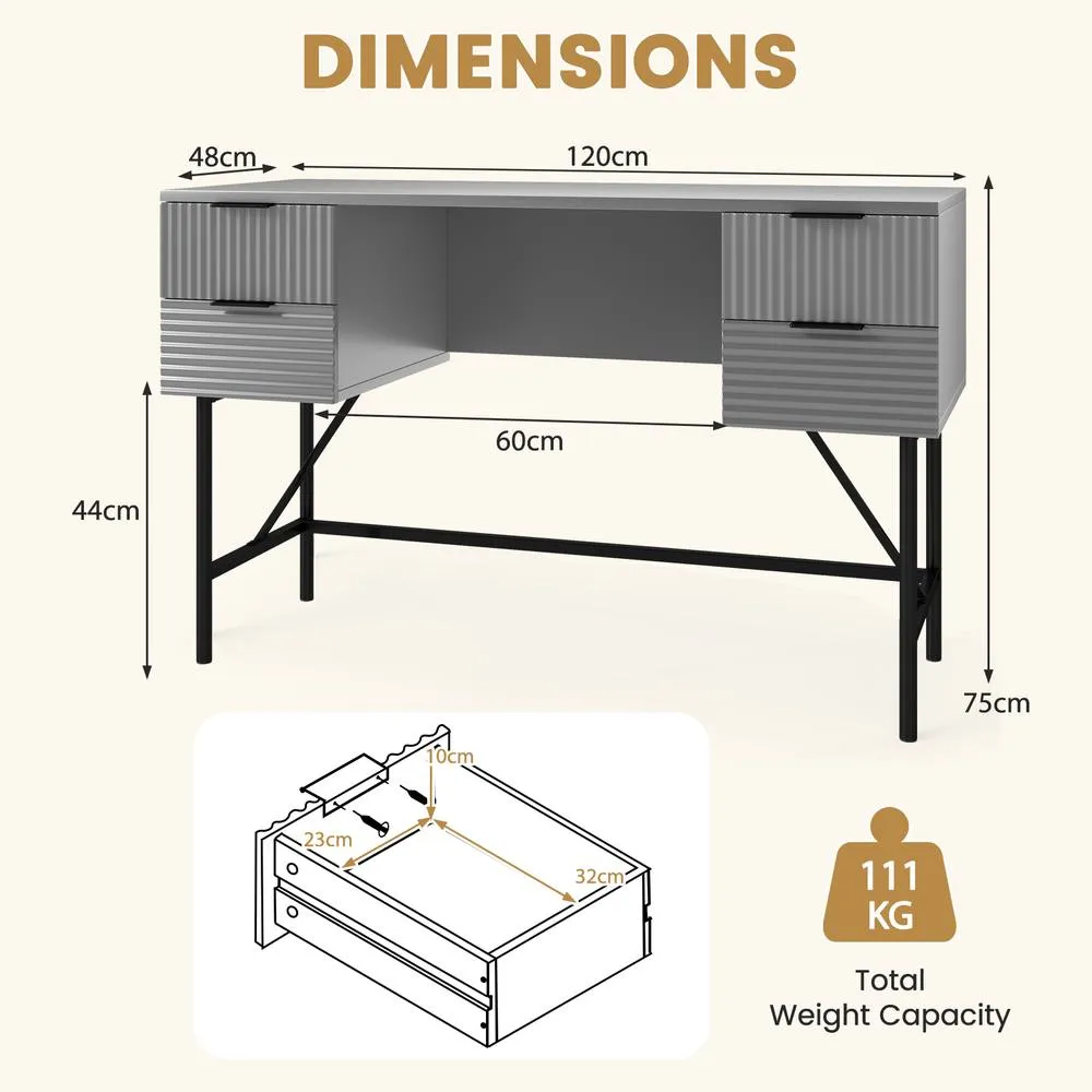 Costway 120cm Home Office Desk Computer Desk w/4 Drawers & Storage-Grey in Grey 2