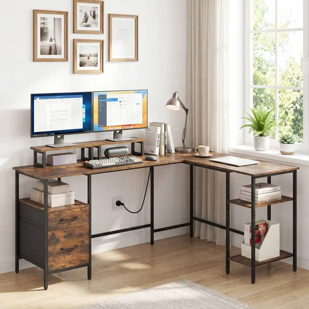 Costway L-shaped Desk with Power Outlets Reversible Corner Desk in Brown 4