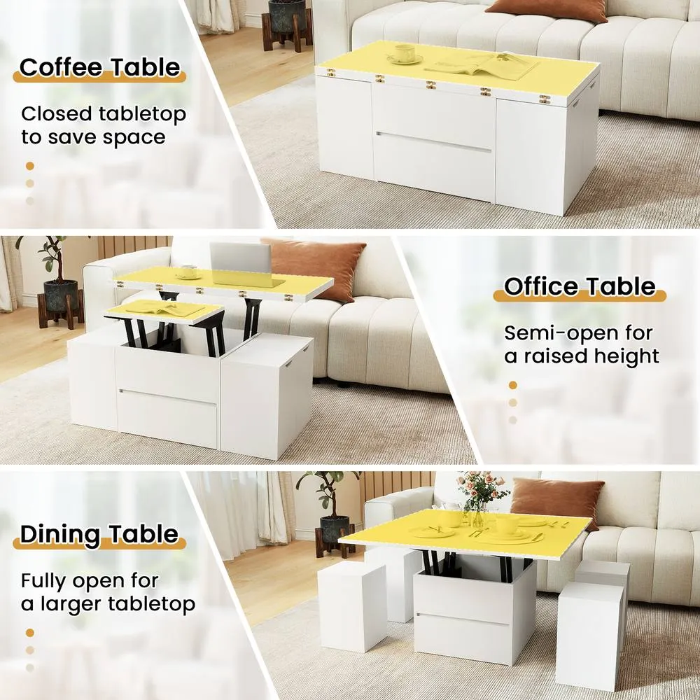 Costway Lift Top Coffee Table with 4 Storage Stools in White 5