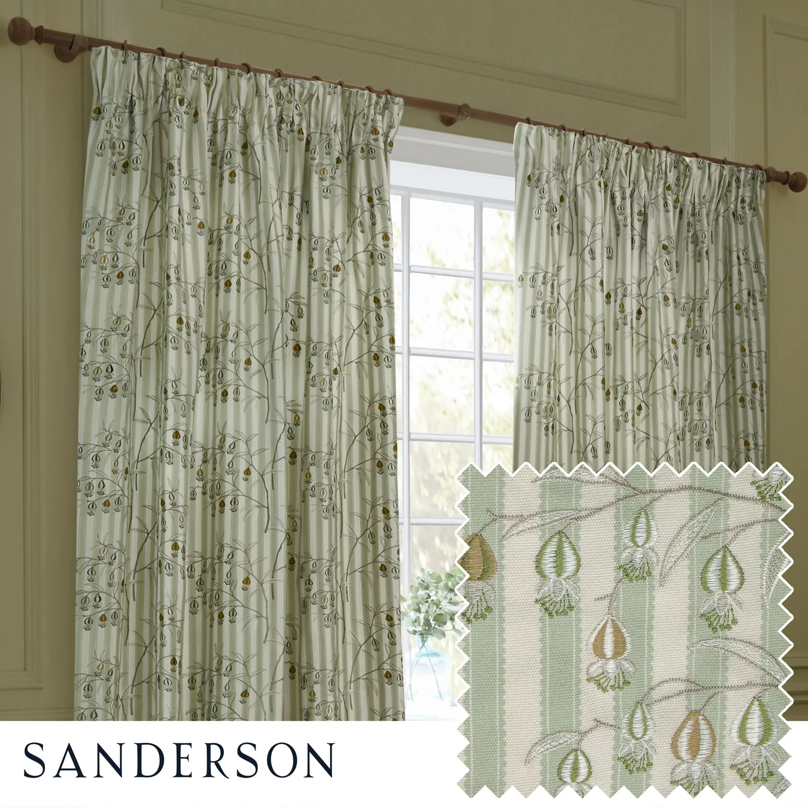 Sanderson Chinese Lanterns Embroidered Room Darkening Pencil Pleat Curtains in Light Green