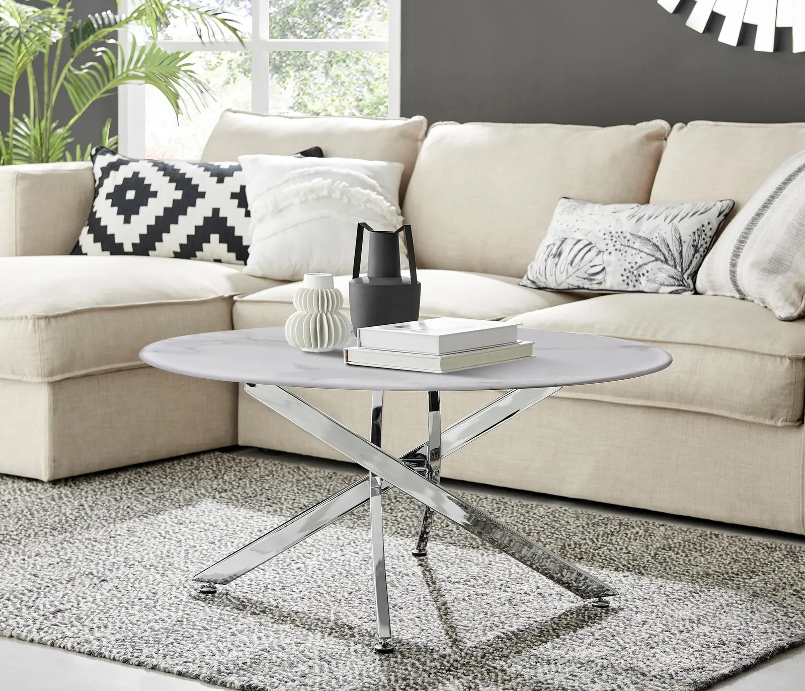 FurnitureboxUK Novara Round Marble Effect Glass Top Coffee Table With Silver Metal Starburst Legs in White 2