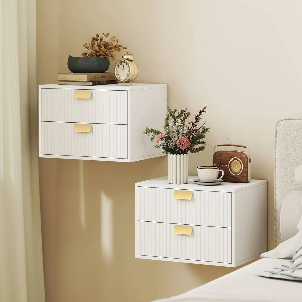 HOMCOM 2pcs Modern Floating Nightstands, 2 Drawers Bedside Tables, White 2