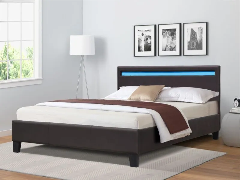 Comfy Living Ltd Modern Faux Leather Bedframe With LED Strip in Dark Brown