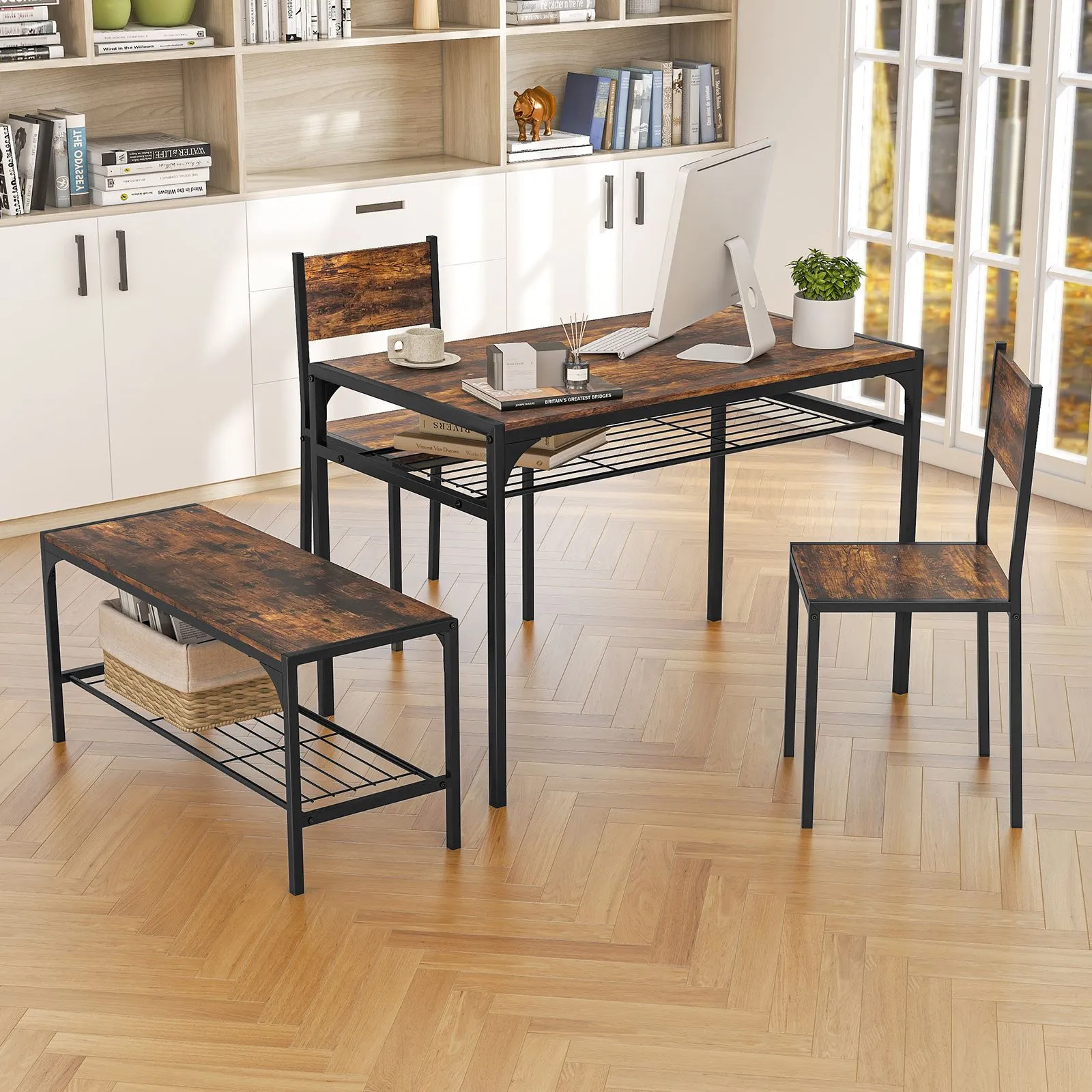 Costway 4PCS Dining Table Set for 4 Industrial Rectangular Kitchen Table with Chairs & Bench Metal Frame in Brown 3