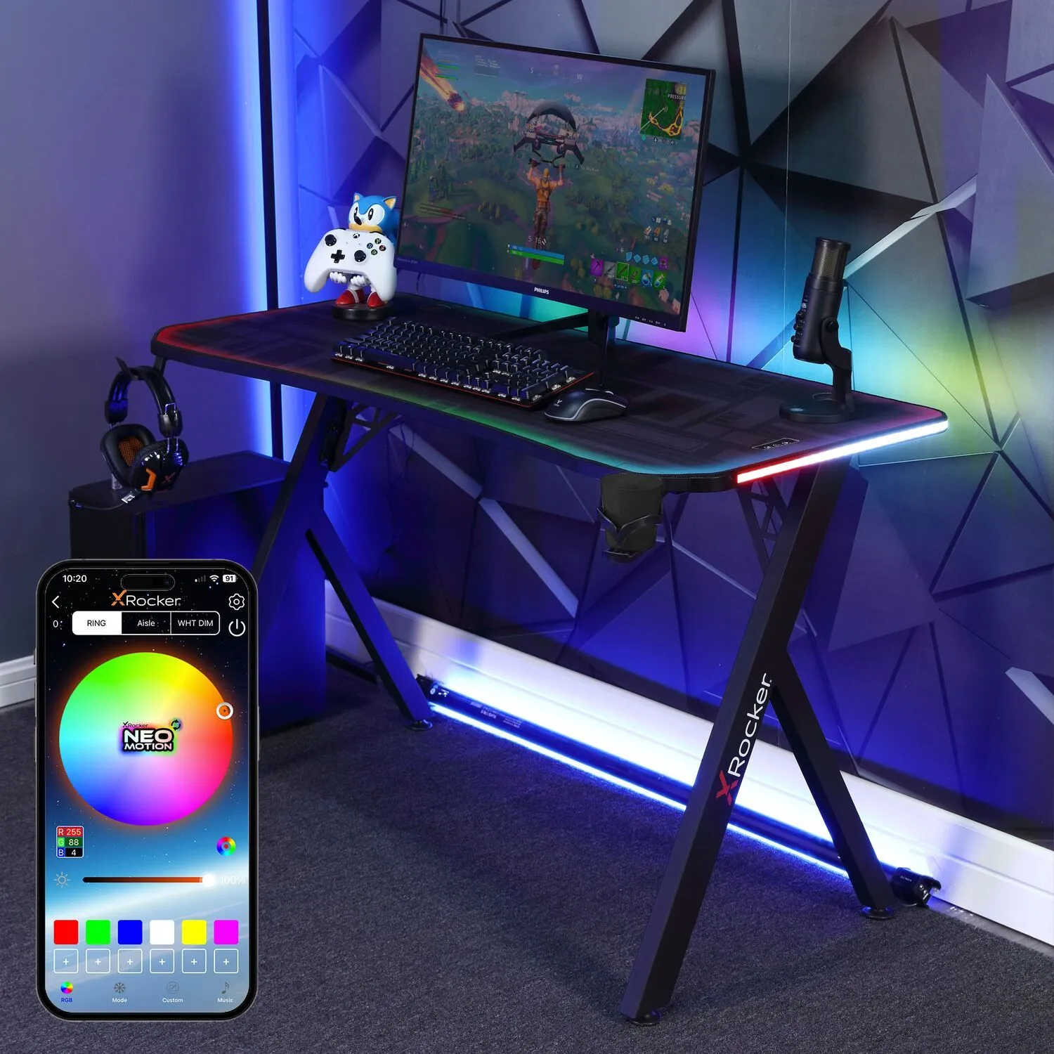 X Rocker Lumio LED Gaming Desk, Mousepad, Cupholder & Headphone Hook in Black