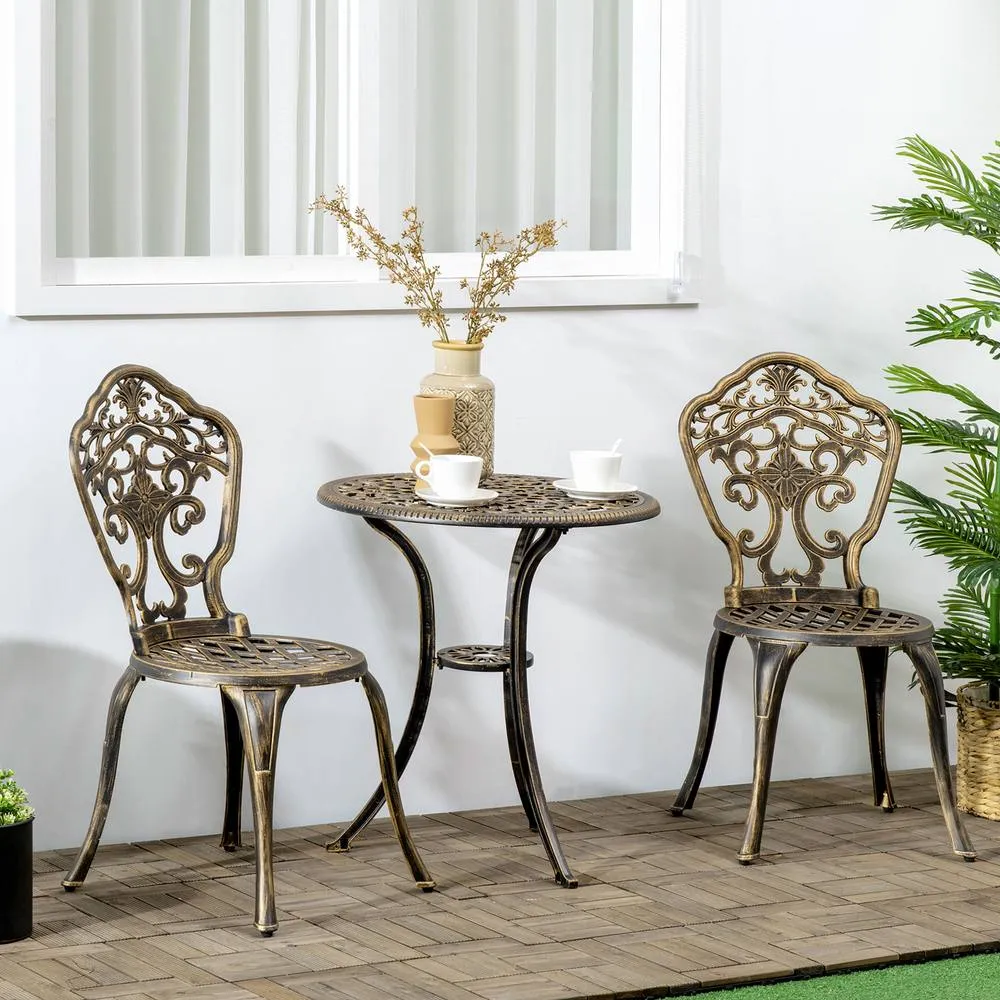 OUTSUNNY 3 PCs Cast Aluminium Bistro Set w/ Parasol Hole for Balcony, Brown in Bronze
