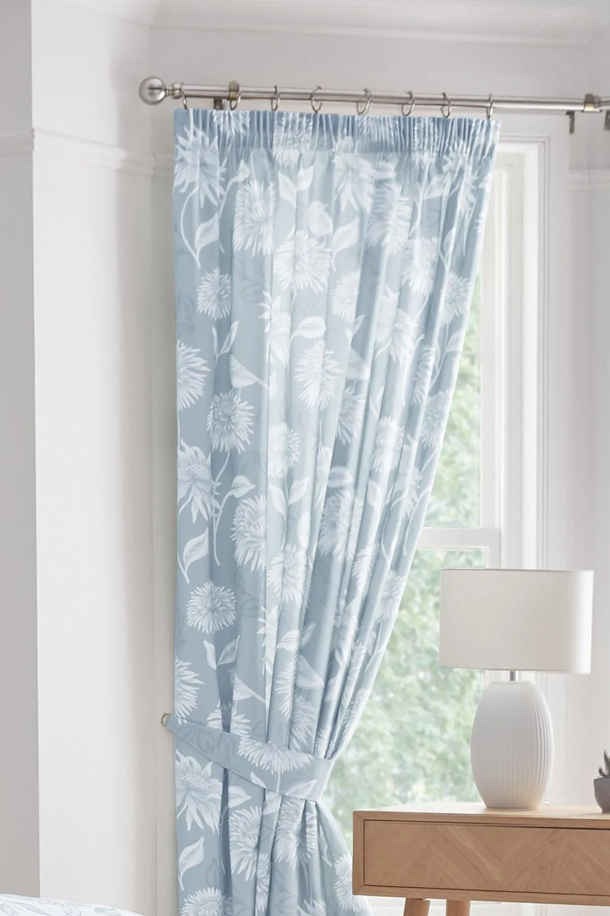 Dreams & Drapes 'Chrysanthemum' Floral Print Lined Pair of Pencil Pleat Curtains With Tie-Backs in Blue