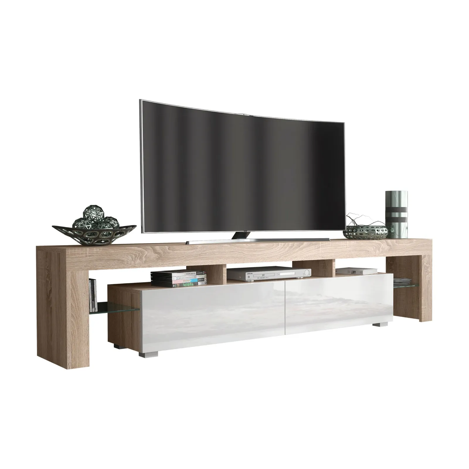 Creative Furniture TV Unit 200cm Modern - Oak with High Gloss White Doors in Light Oak 3