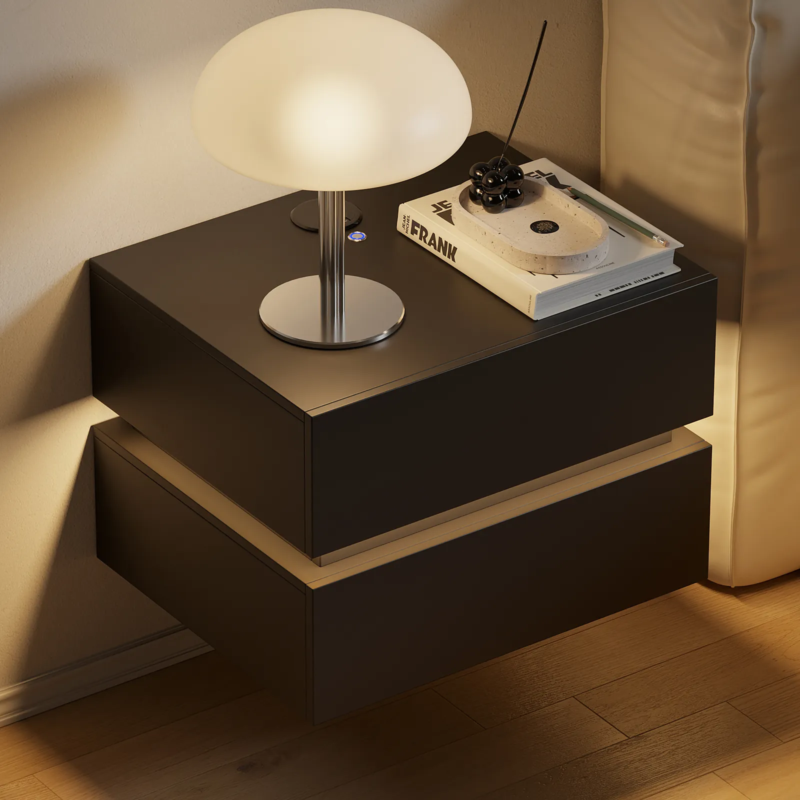 Floating Smart LED Bedside Table Wireless Charging Station Bedside Table with Light White